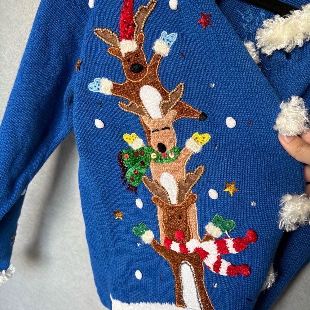 Berek Womens M Blue Ugly Christmas Cardigan Stacked Reindeer Pom Pom - Picture 4 of 6